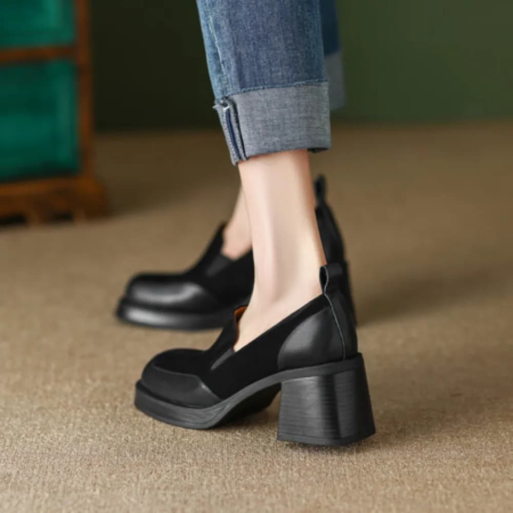 2026 Scarpe da Donna in Camoscio con Tacco Alto, Punta Quadrata, Tacco a Blocco, Patchwork, Morbide e Comode per Ufficio e Feste