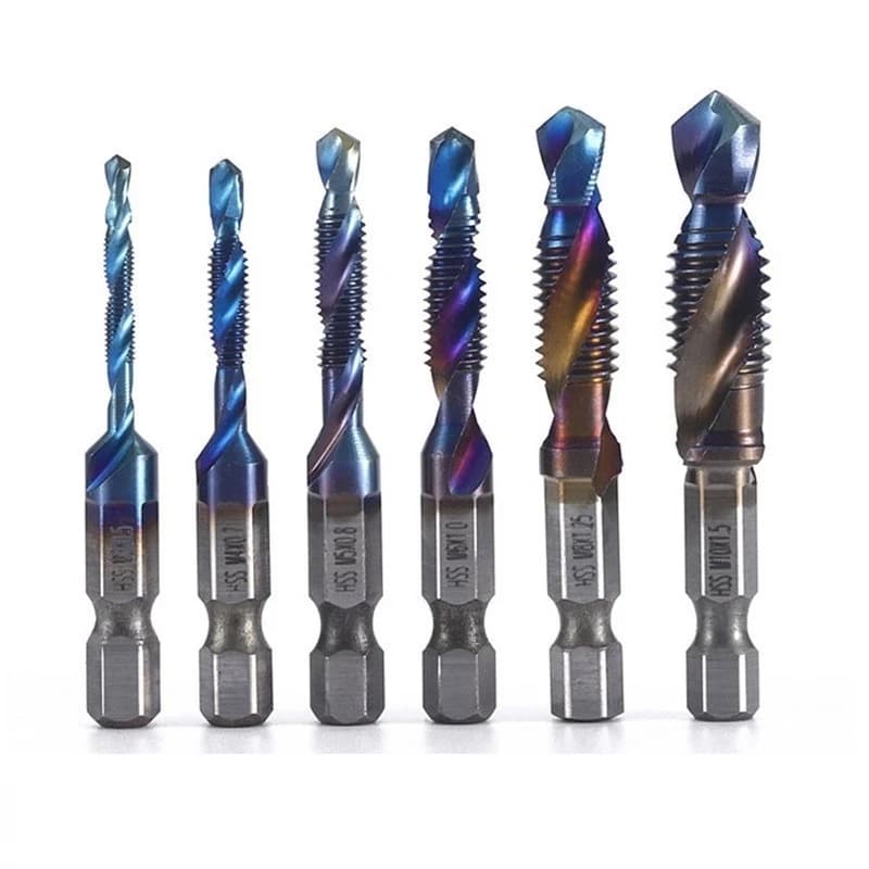 Set of titanium drilling and drilling tips with HSS hexagonal hub for manual machines and tools, for metric threads