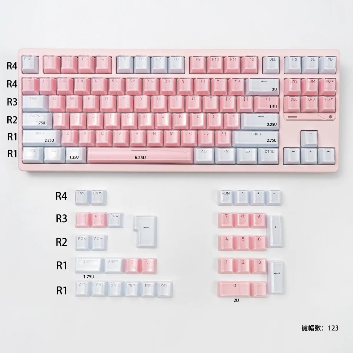 Nuovo stile Crystal White Pink Jelly Copritasti Profilo OEM 123 tasti ABS Copritasti doppio scatto set per interruttori MX Tastiera meccanica