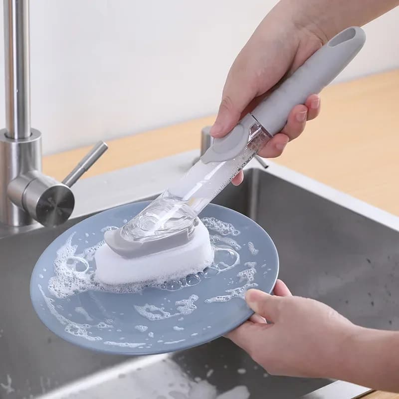 2-in-1 Kitchen Cleaning Brush with Long Handle Removable Sponge Dispenser Dishwashing Tool for Efficient Kitchen Hygiene