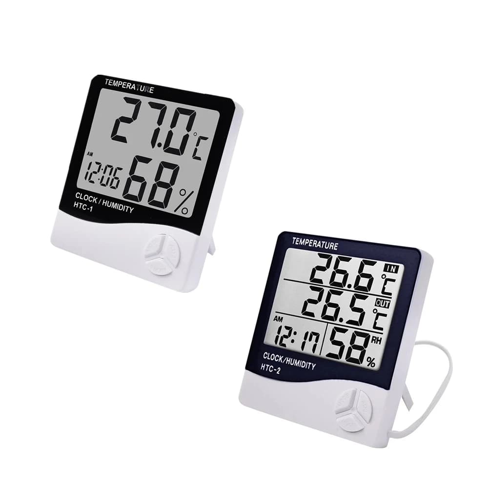 HTC-1 HTC-2 LCD Electronic Digital Temperature Humidity Meter Indoor Outdoor Thermometer Hygrometer with Weather Station Clock