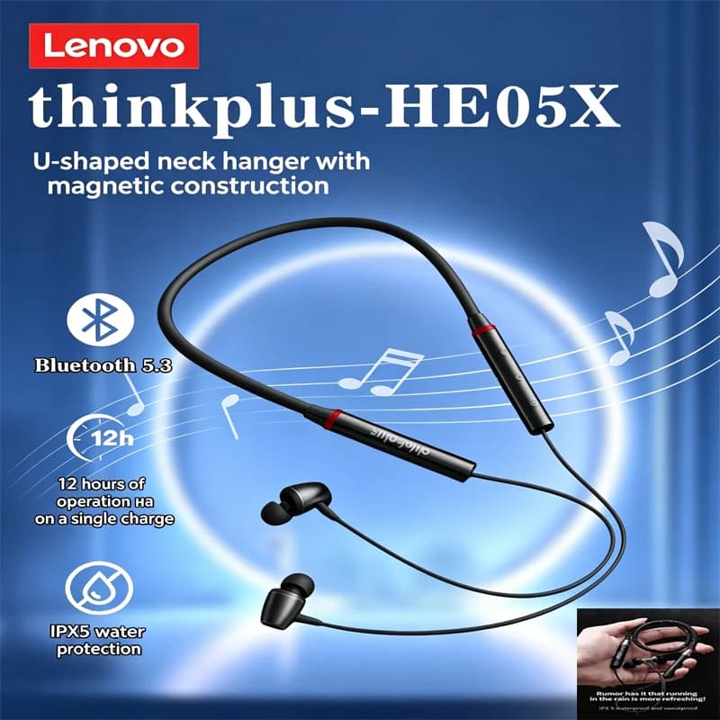 Lenovo Auricolari Bluetooth HE05X originali al 100%, auricolari impermeabili, cuffie sportive con fascia da collo magnetica, suono HIFI