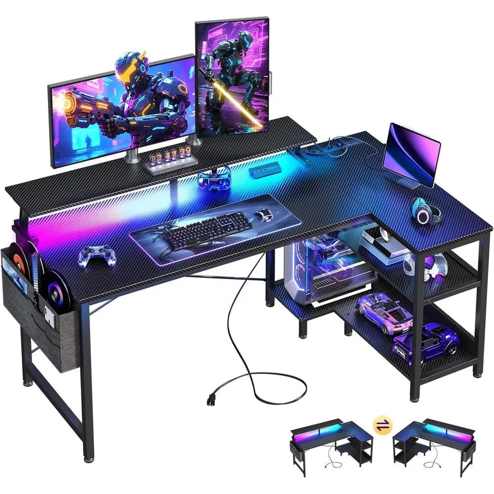 Scrivania da gioco con porte di ricarica USB, luci a LED, scrivania per computer reversibile a forma di L, ripiani portaoggetti e supporto per monitor, gioco ad angolo