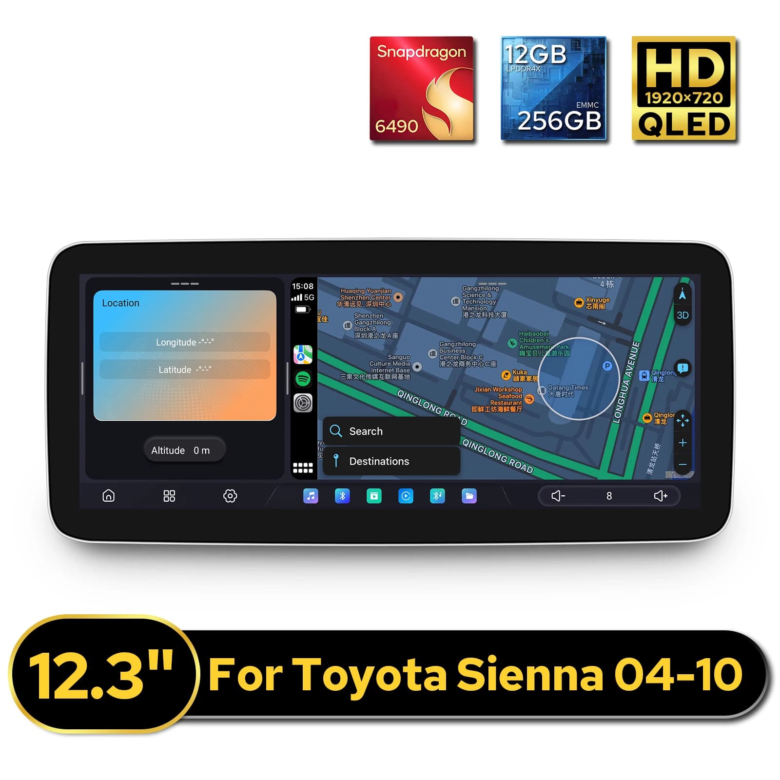 JOYING 12.3 "QLED Android Car Stereo per Toyota Sienna 2004-2010 Lettore multimediale 12 GB di RAM 256 GB Dual Bluetooth HDMI USB Tipo-C