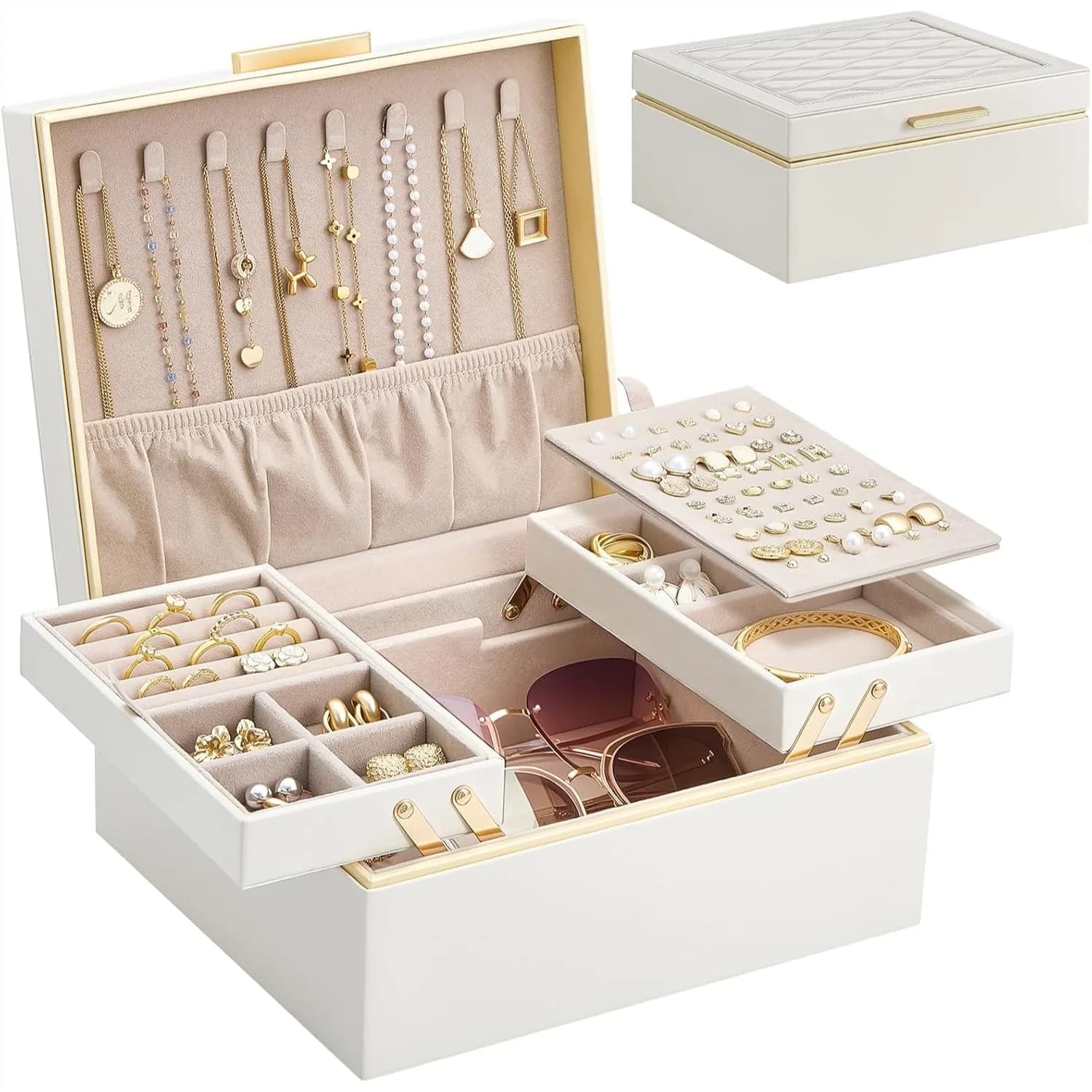 Jewelry Box Organizer for Women with 2 Layers, Necklace Earrings Bracelet Storage, Large Jewelry Holder for Vanity, Cream