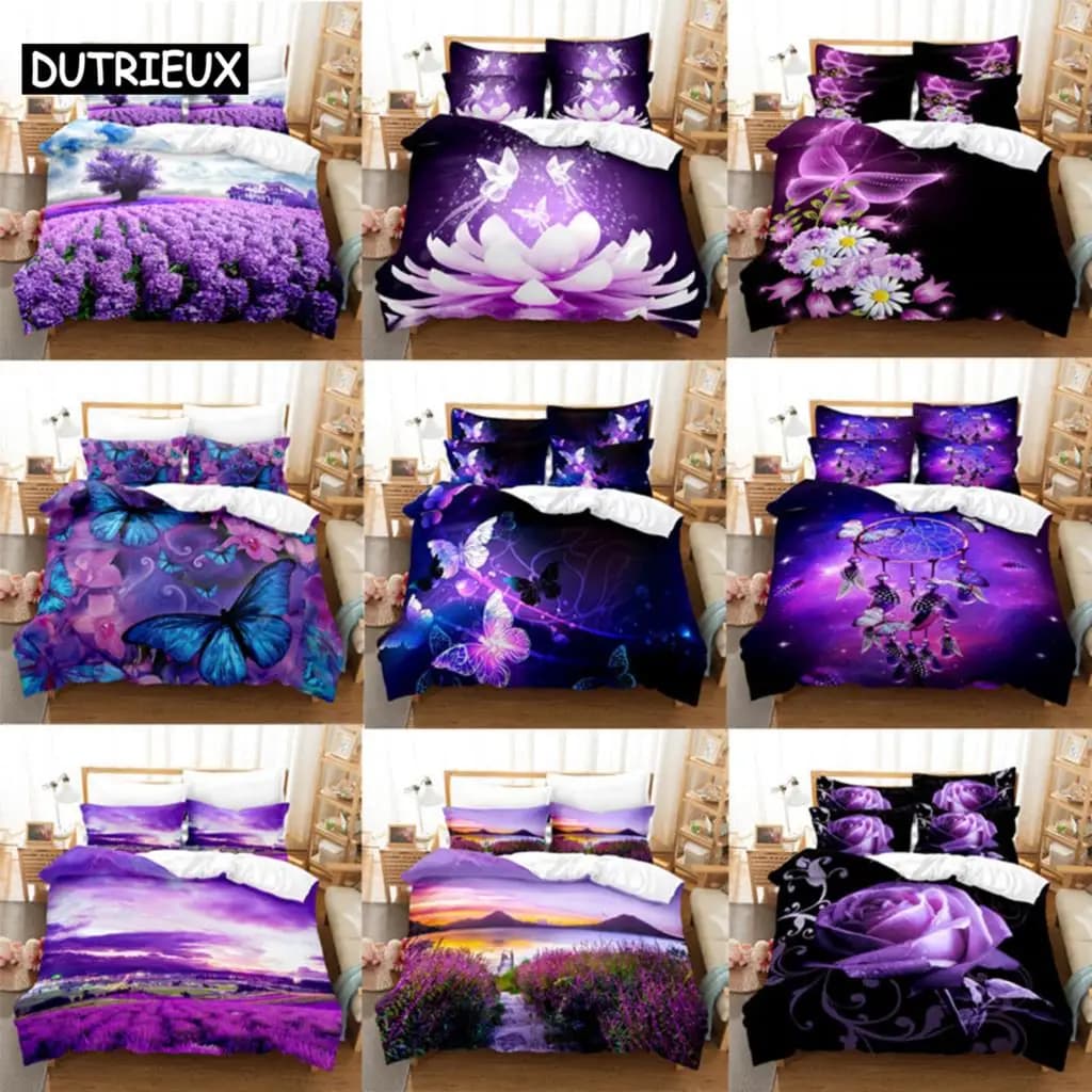 Set biancheria da letto viola biancheria copripiumino letto trapunta federa 3D piumino lavanda farfalla doppia completa King Queen Twin Single
