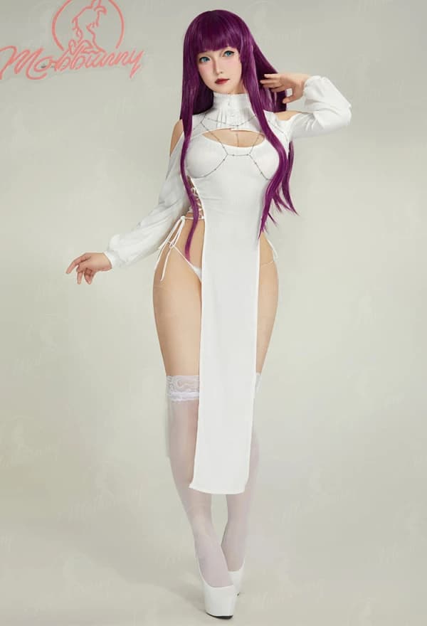 Mobbunny Women's Sexy Lingerie Set Cutout High Slit Dress and Thong with Stockings Chest Chain Cosplay Costumes