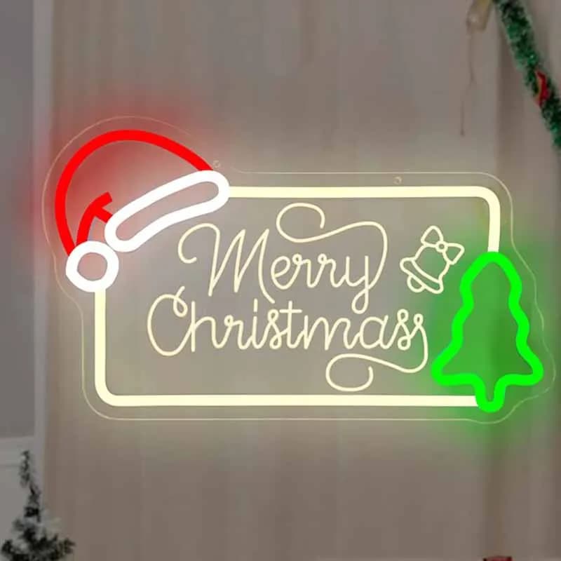 Buon albero di Natale Insegna al neon Intaglio Insegna luminosa Decorazione da parete per cappello da Babbo Natale per la festa di Natale, regalo per la casa