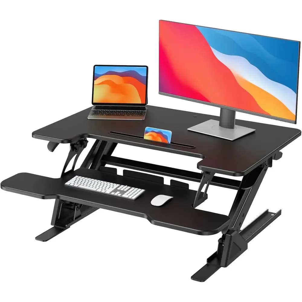 Convertitore per scrivania regolabile a forma di Z, 32 pollici, postazione di lavoro per laptop con doppio monitor e ampio ripiano per tastiera, per casa o ufficio