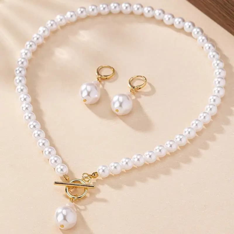 1Set Women Necklace Beaded Glossy Faux Pearls Bridal Necklace Stud Earrings Kit Women Wedding Wedding Banquet Party Jewelry