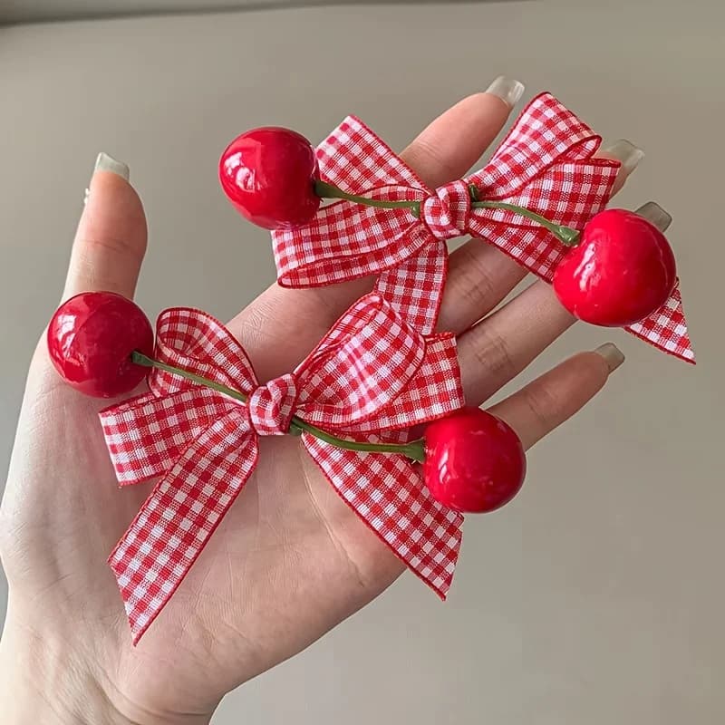 2 pieces korean sweet cherry bow clasp for hair ribbon bow with cherry red hair accessories durable women's festive wig