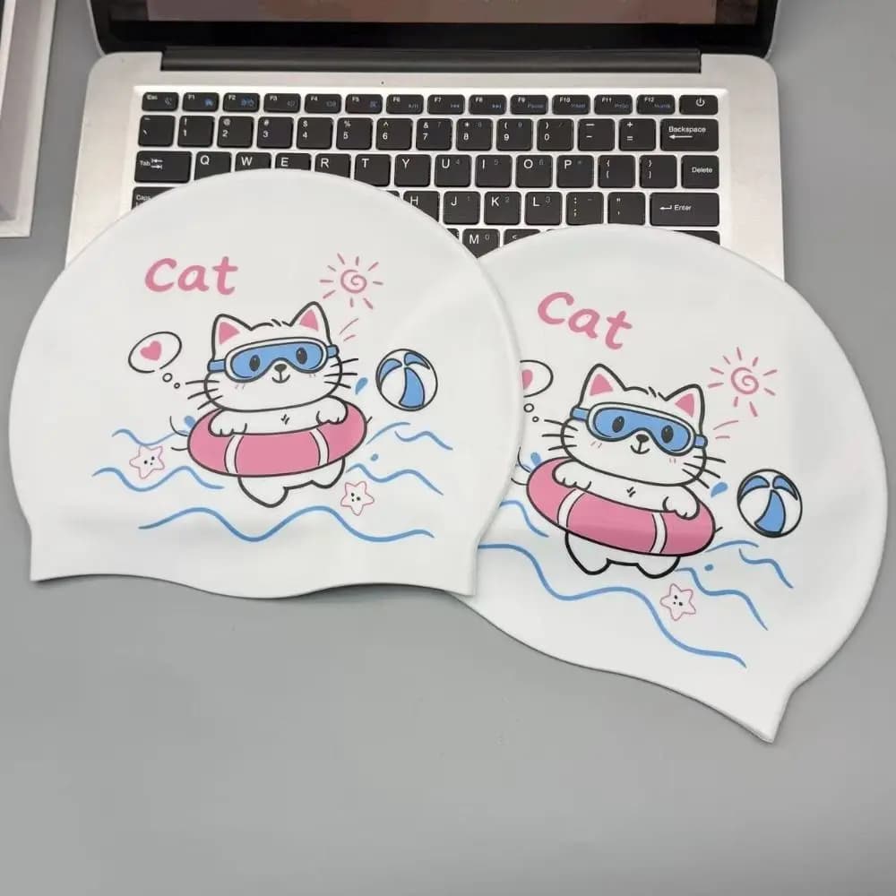 Cartoon Swimming Caps No Tightening Comfortable Silicone Swim Caps Waterproof Ear Protection Cat Swim Caps Women Girls