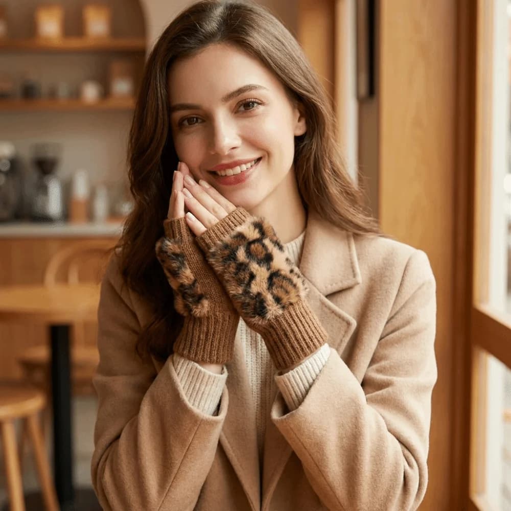 Vintage Warm Fingerless Gloves Soft Plush Short Style Half-Finger Gloves Faux Fur Polyester Leopard Print Gloves Writing