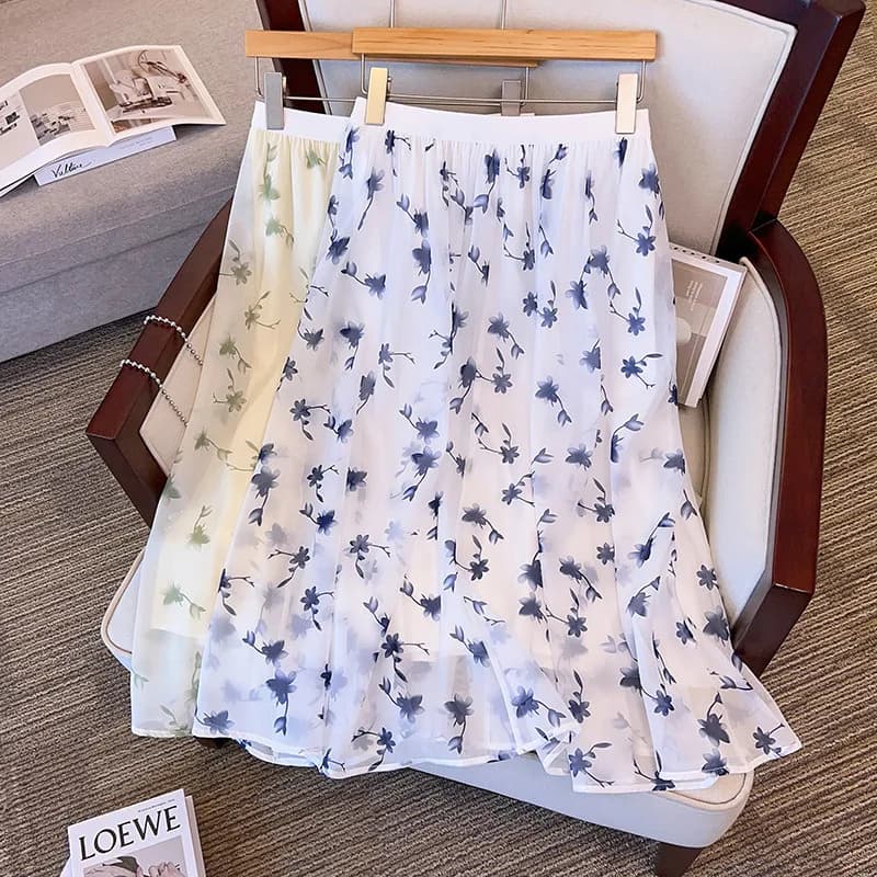 175Kg Plus Size Donna Hip 175 Estate Allentato A-Line Fiore Gonna in chiffon Verde Blu 4XL 5XL 6XL 7XL 8XL 9XL