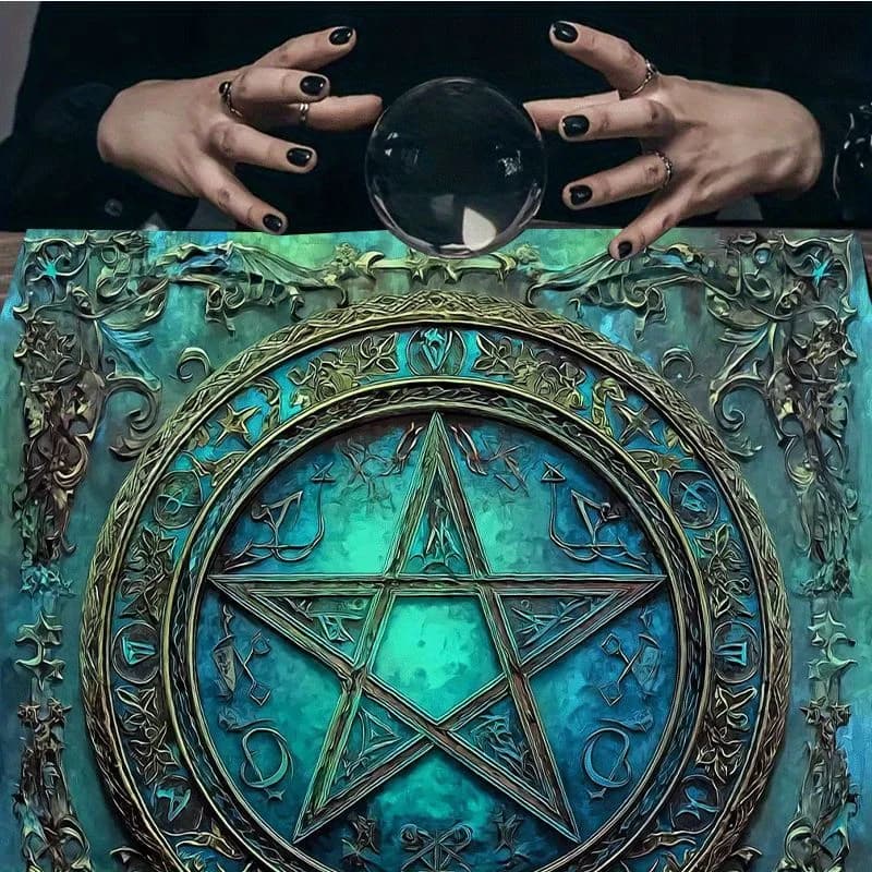 Tappeto da altare VIKAMA in lapislazzuli con pentagramma in rilievo, carte dei tarocchi, rune misteriose, rituali, stregoneria, divinazione.