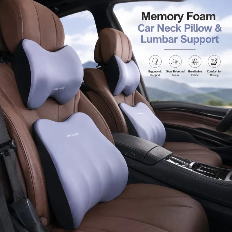 Ergonomic Car Neck Pillow and Lumbar Support, Slow Rebound Memory Foam Cushion with Breathable Removable Cover and Strap