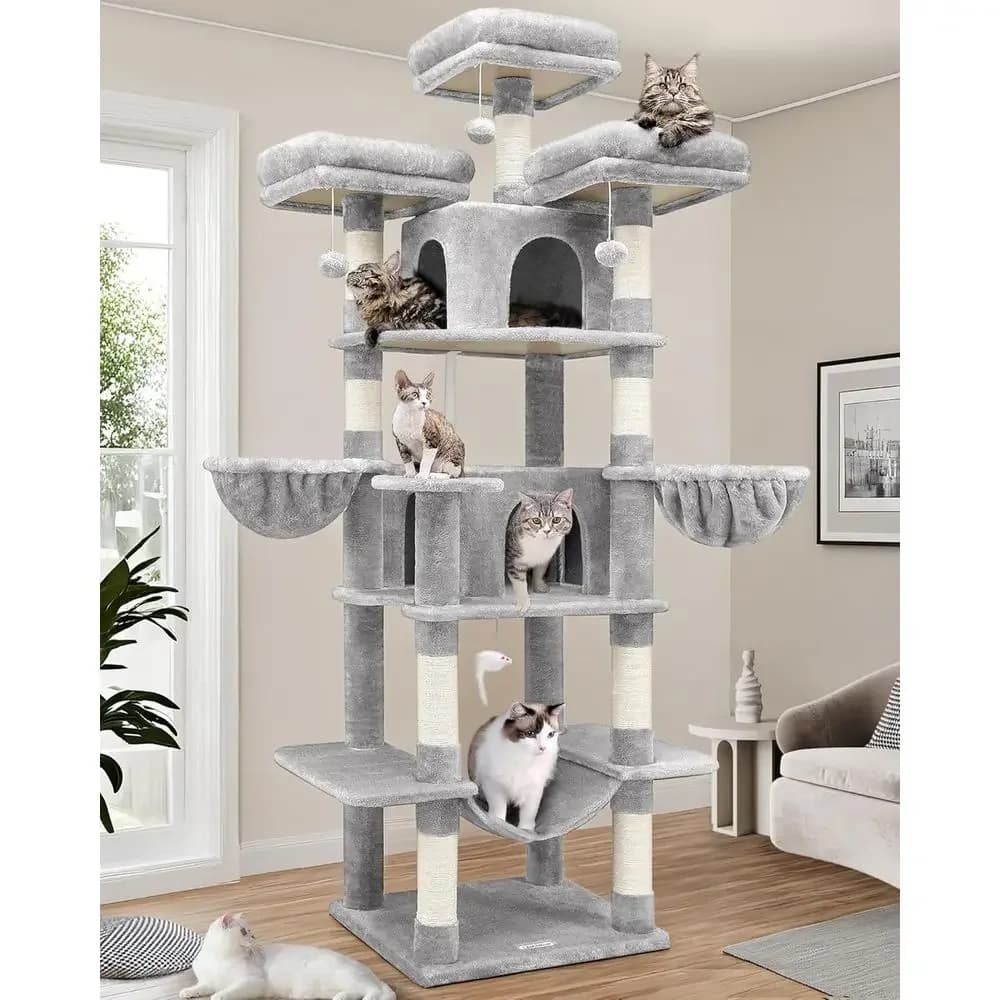 Albero per Gatti da Interno Grigio Alto 80 cm con Tiragraffi XXL, Amaca, Posatoi, Cucce e Cesti Sospesi - Offerta a Tempo Limitato