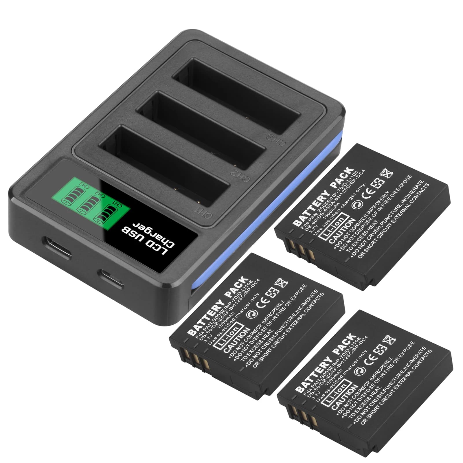 Batteria 1500mAh CGA-S005 DB-60 DB-65 e caricabatterie LCD a 3 slot per Panasonic Lumix DMW-BCC12 DMC-LX1 LX2 LX3 FX3 per FUJI NP-70
