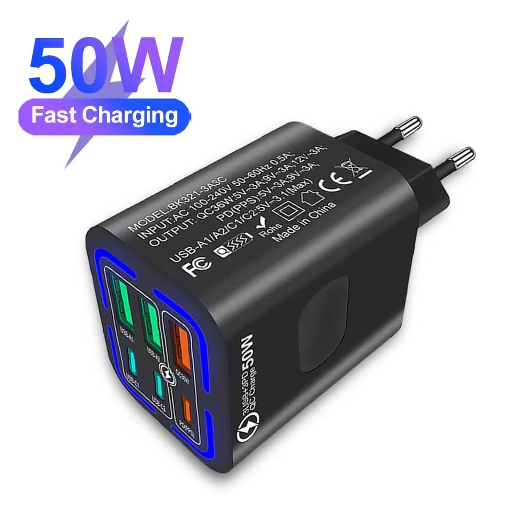 Caricabatterie totale 100 W 6 in 1 3 USB 3 Type C Caricatore da muro con presa EU/US/UK a ricarica rapida per iPhone Samsung Huawei Xiaomi