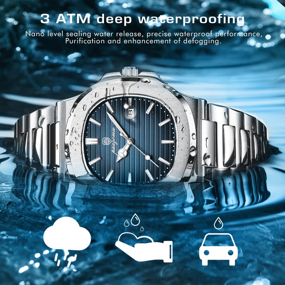 PAAZOMU Business Luxury Watch 50 ATM Waterproof Luminous Date Stainless Steel Square Quartz Couple Watches
