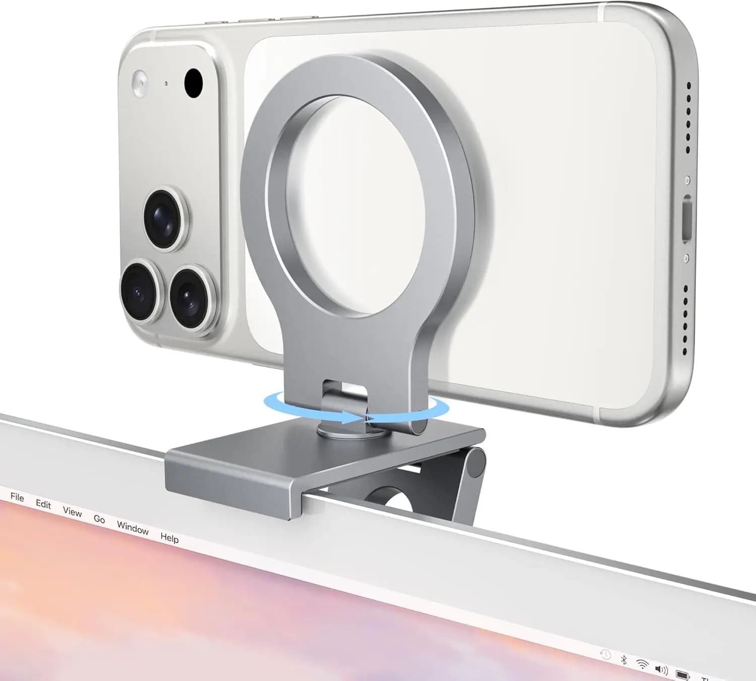 360 ° Supporto regolabile per webcam iPhone per iMac e monitor desktop, compatibile con MagSafe, pieghevole in alluminio