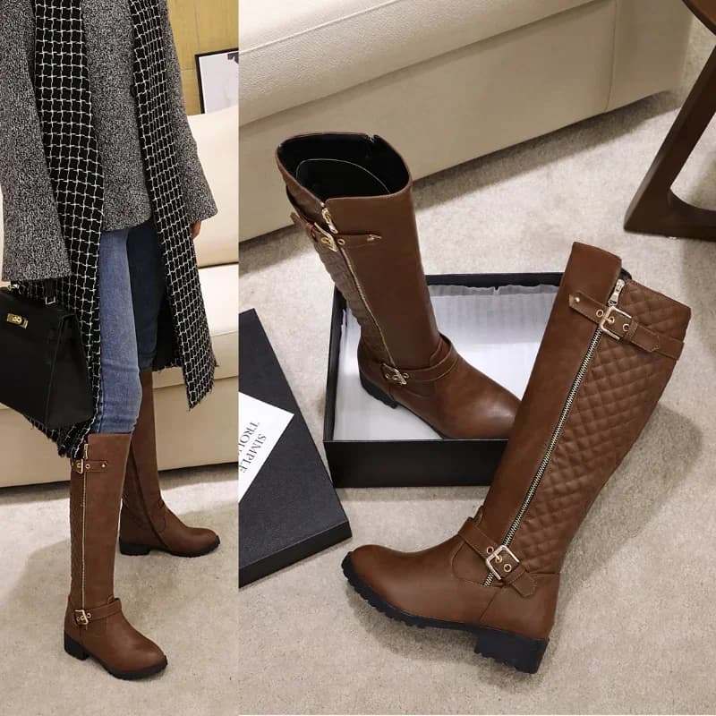 2024 Nuovo Antumn Inverno Donna Stivali lunghi Plus Size 22-27 Cm Griglia Splicing Zip laterale Moda Stivali alti al ginocchio Donna Stivali moderni