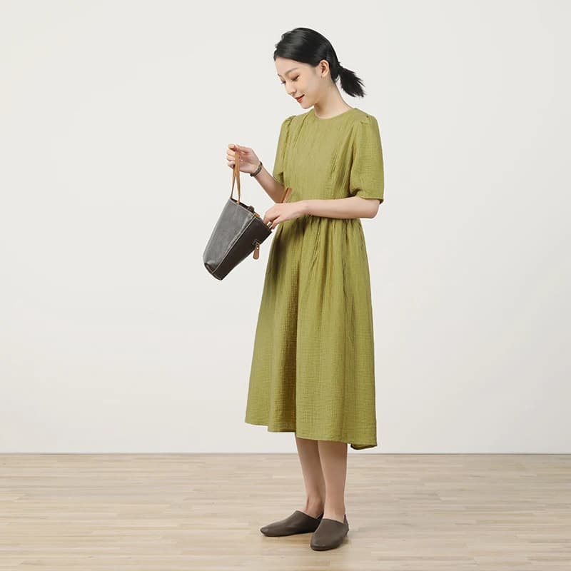 A-Line Dress Women's Summer Slimming Waist Bubble Sleeve Midi Dress Sweet Japanese Style round Neck Five-Quarter Length