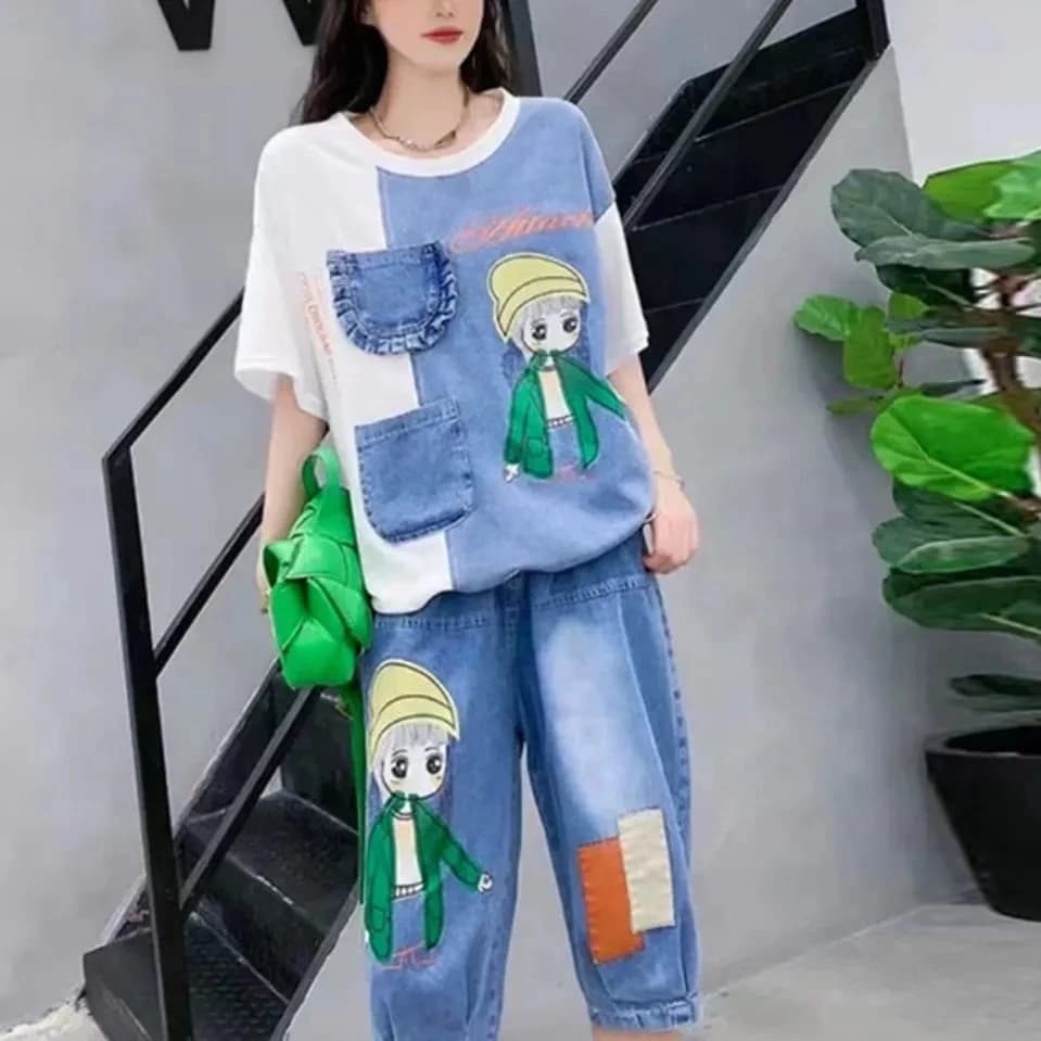 Plus Size Cartoon Letter Printed t-shirt a maniche corte Denim sciolto due pezzi eleganti pantaloni da donna Set abiti estivi abbigliamento