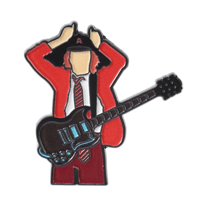 Spilla smaltata classica per ragazzi a tema Hard Rock, con gesto della mano e chitarra, stile Schoolboy leggendario rosso, distintivo da borsa e risvolto, gioiello regalo per amico