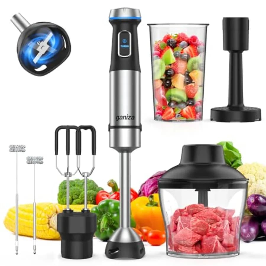 Frullatore a Immersione 6 in 1 con Lama in Acciaio Inox, 15 Velocità, Frullatore Elettrico con Bicchiere da 800ml e 600ml