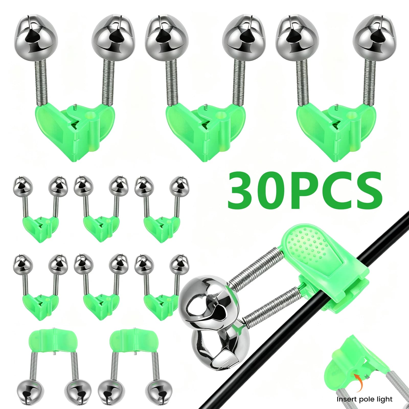 30Pcs Fishing Bite Alarms Fishing Rod Bells Tip Clip Bells Ring ABS Fishing Accessory Night Outdoor Pole Fish Bites Indicators