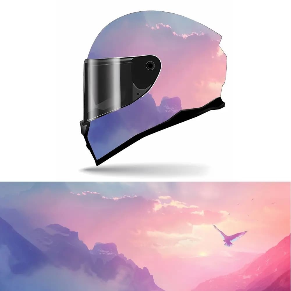 Decalcomanie per casco con motivo paesaggio montuoso e uccello in cielo rosa a pieno facciale - PVC resistente e impermeabile, moto autoadesiva