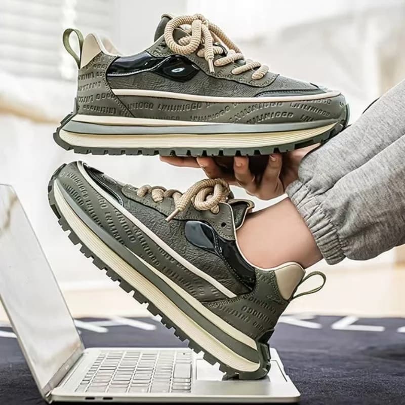 Men's 2025 Spring New Fashion Sports Casual Thick Bottom Heightening Lightweight Running Dad Shoes round Toe Stitched PU Leather