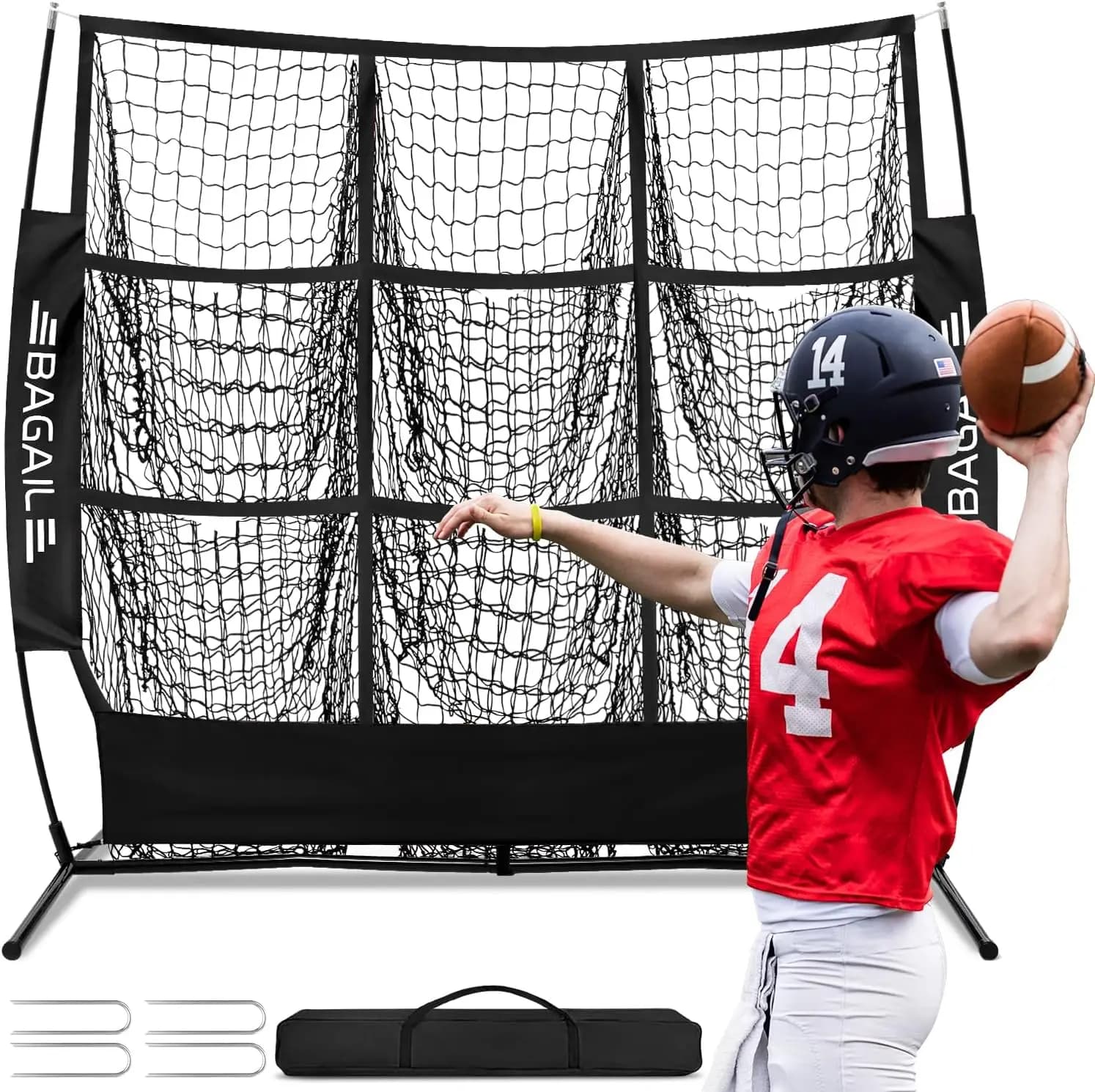 Rete da Lancio per Football con 9 Tasche Bersaglio, Allenatore Portatile di Precisione per QB, Facile da Montare, Resistente per Allenamento in Giardino, Include Borsa per il Trasporto