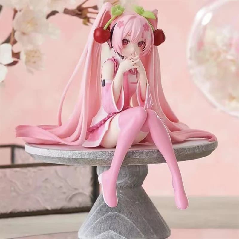 Hatsune Miku Figura anime Abito rosa Postura seduta Modello in PVC giocattoli d'azione Decorazione di fiori di ciliegio rosa ciliegia raccogliere regali