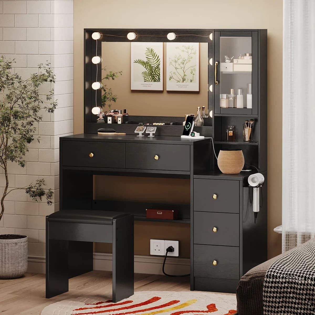 Makeup Vanity Desk with Mirror and 3-Color Lights, Makeup Desk with 5 Drawers & Cabinet, Black, White and Pink