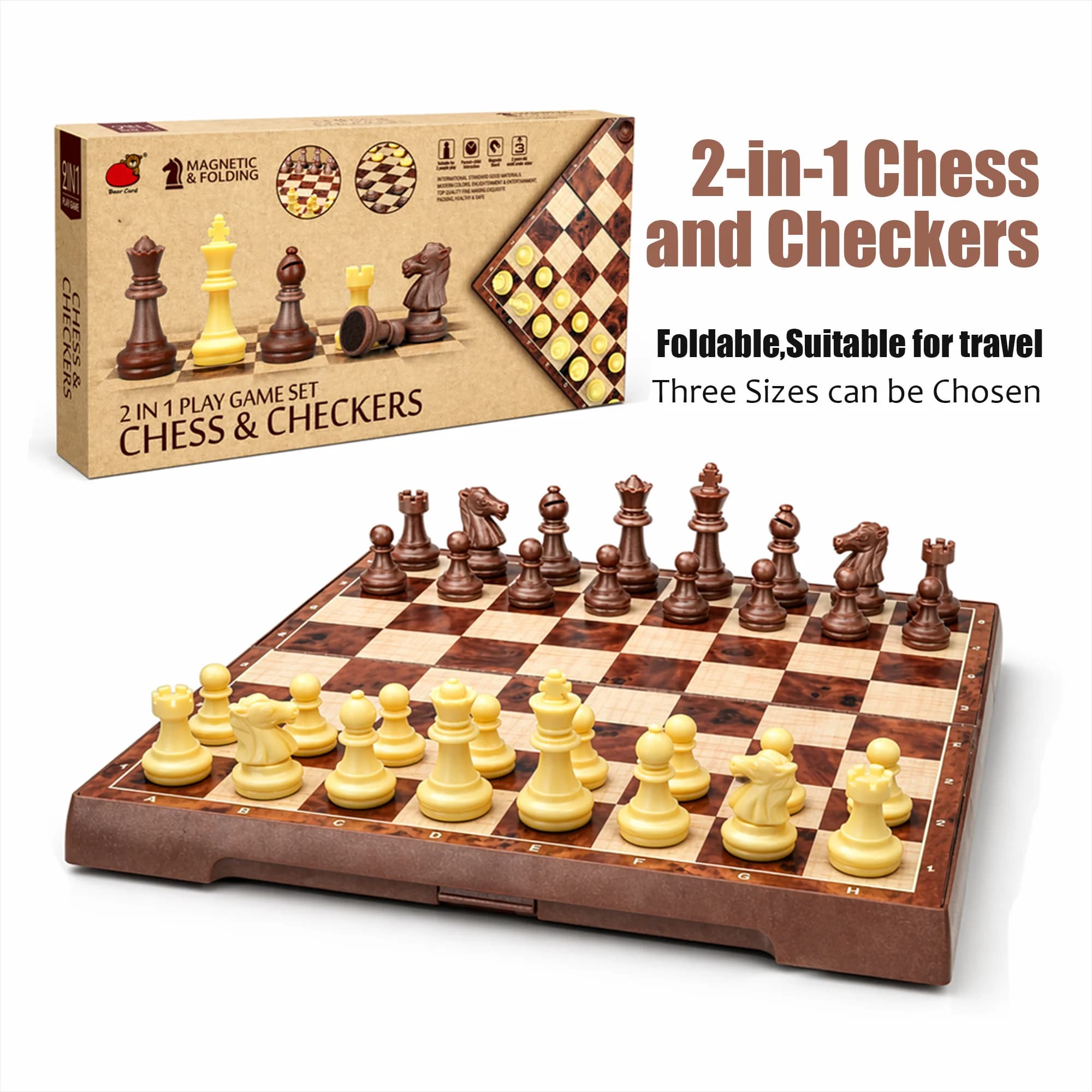 Set di Scacchi e Dama 2 in 1 Pieghevole, Scacchiera con Finitura Legno Arrotondata, Gioco Educativo Portatile da Viaggio per Bambini e Adulti, Idea Regalo