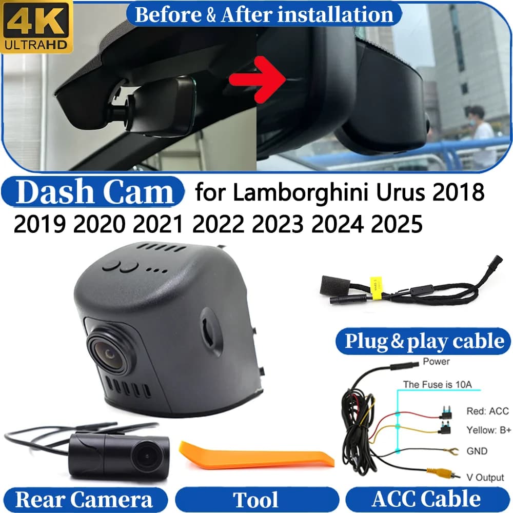 Dash Cam per Lamborghini Urus 2018-2025, Telecamera DVR 4K Anteriore e Posteriore, Registratore Video per Cruscotto