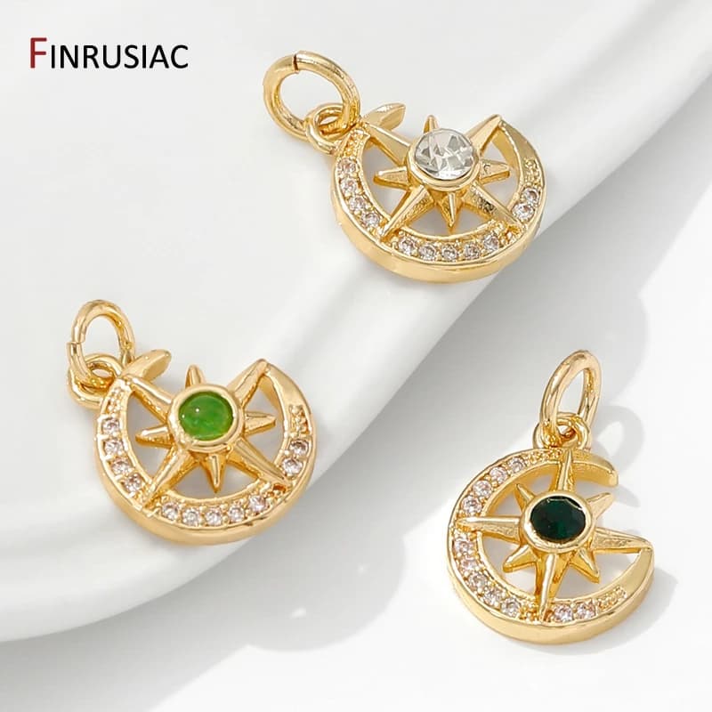14K Gold Plated Brass Inlaid Zircon Moon And Star Charms,DIY Bracelet Necklace Making Accessories,Supplies For Jewelry