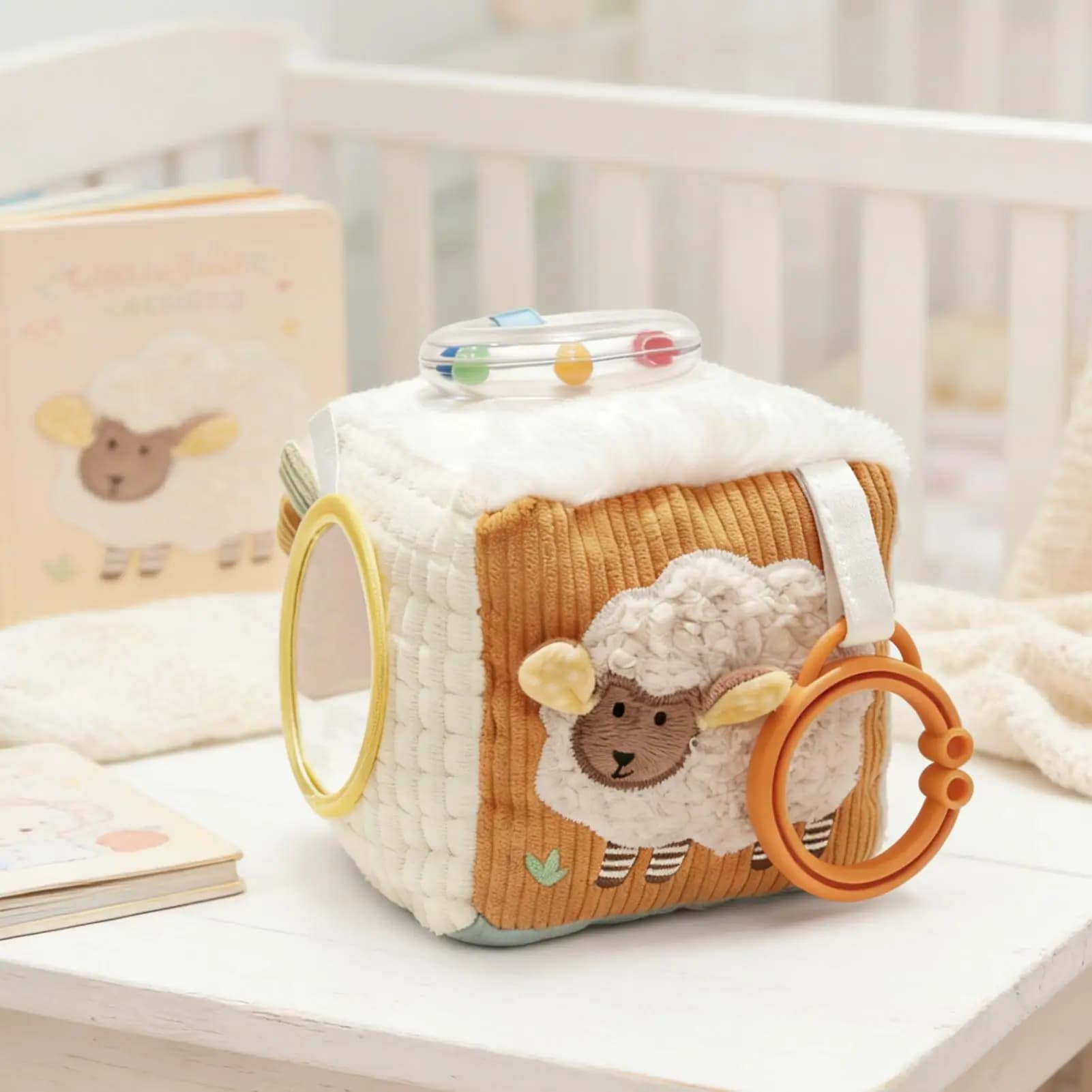 Cubo di attività per bambini, giocattolo educativo con sonaglio, morbido massaggiagengive per bambini e bambine, per asilo nido, scuola materna, ora del sonno e giri in auto