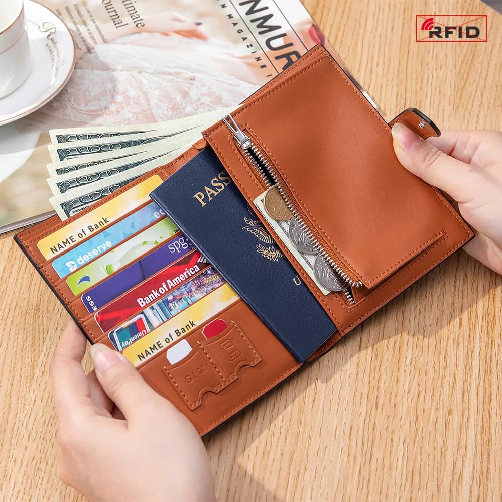 Porta passaporto per famiglia Portafoglio con blocco RFID Organizzatore di documenti da viaggio Pochette Custodia per carte di credito per donna Uomo