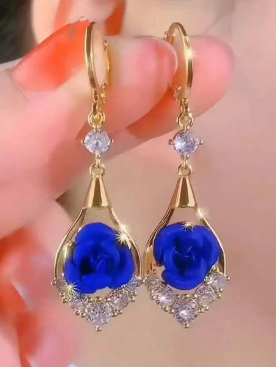 1 Pair Blue Rose Rhinestone Earrings, Fashionable Luxury Elegant Earrings, Versatile Delicate Niche Earrings