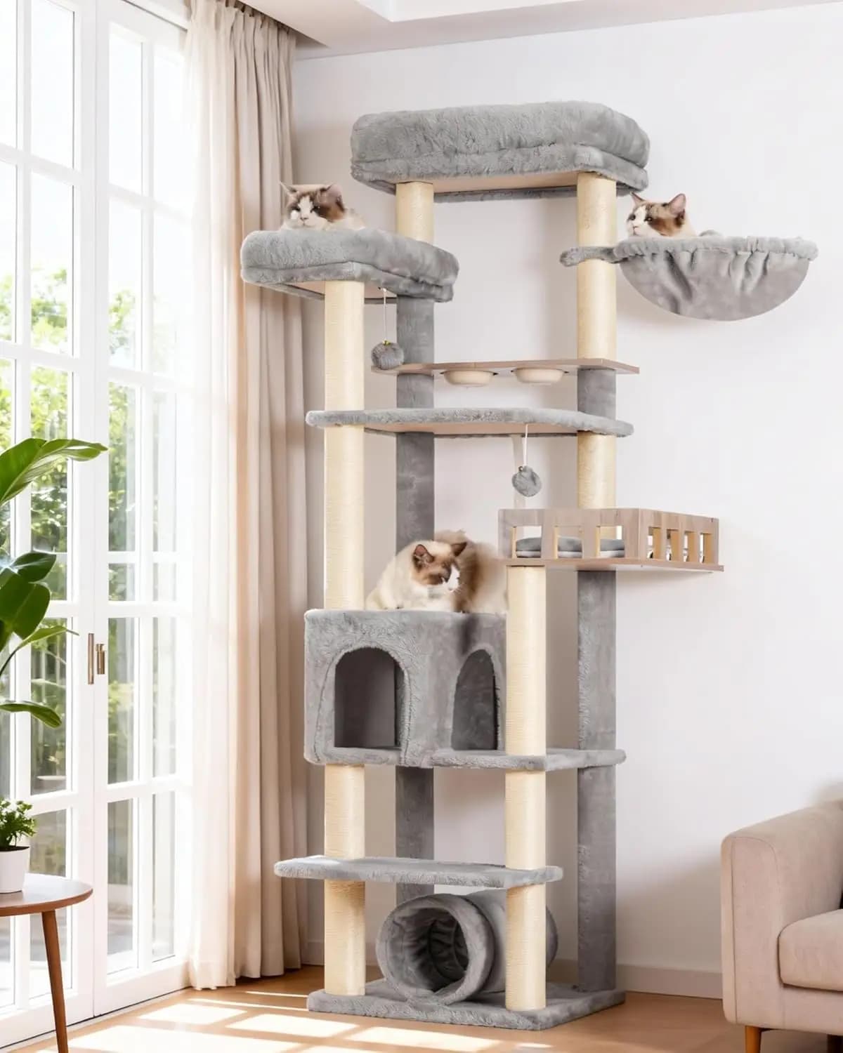 Albero per Gatti Alto con Tunnel, Cuccia, Stazione Cibo, Ampia Piattaforma, Tiragraffi, Amaca in Grigio Chiaro