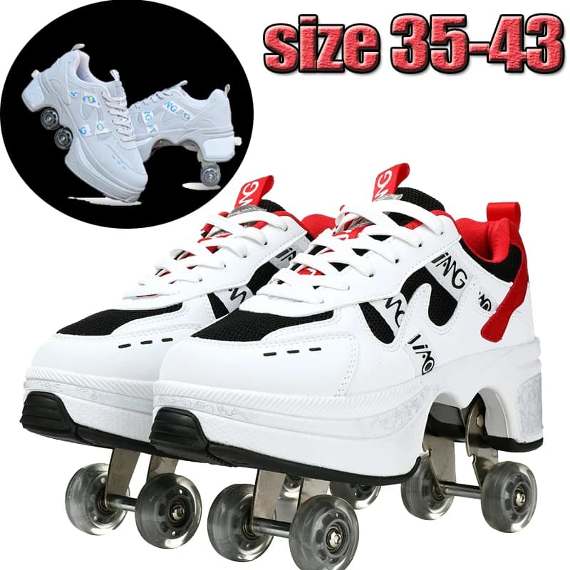 Wheel skating shoes with lace brake for boys and girls, large four wheel skating shoes with retractable wheels, skating shoes for adults