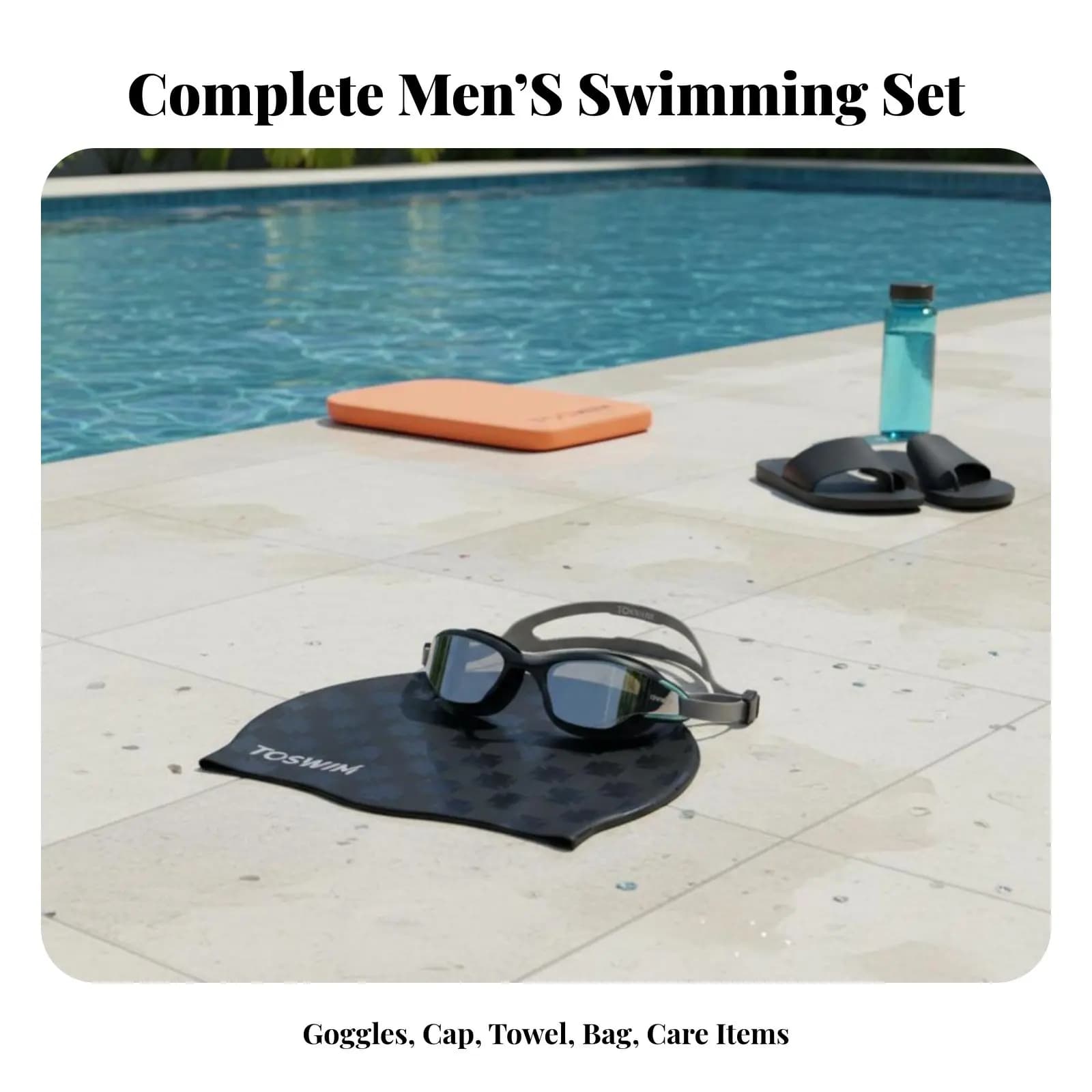 Men's swimming equipment set, anti-fog sunglasses, big head swim cap, quick drying towel, swim bag, personal care kit