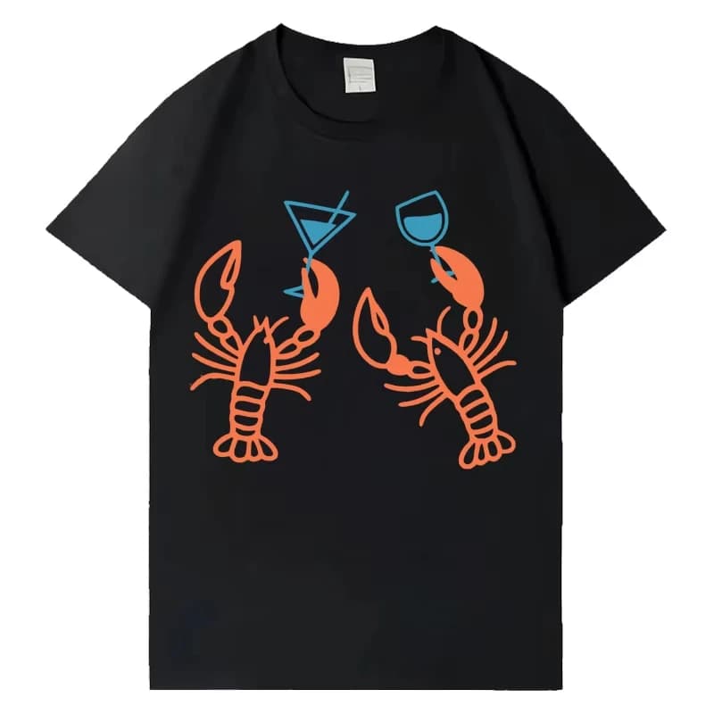 Maglietta divertente con stampa grafica gotica con aragosta e bicchiere di vino, maglietta a maniche corte, estiva, 100% cotone, da uomo e da donna, oversize, girocollo