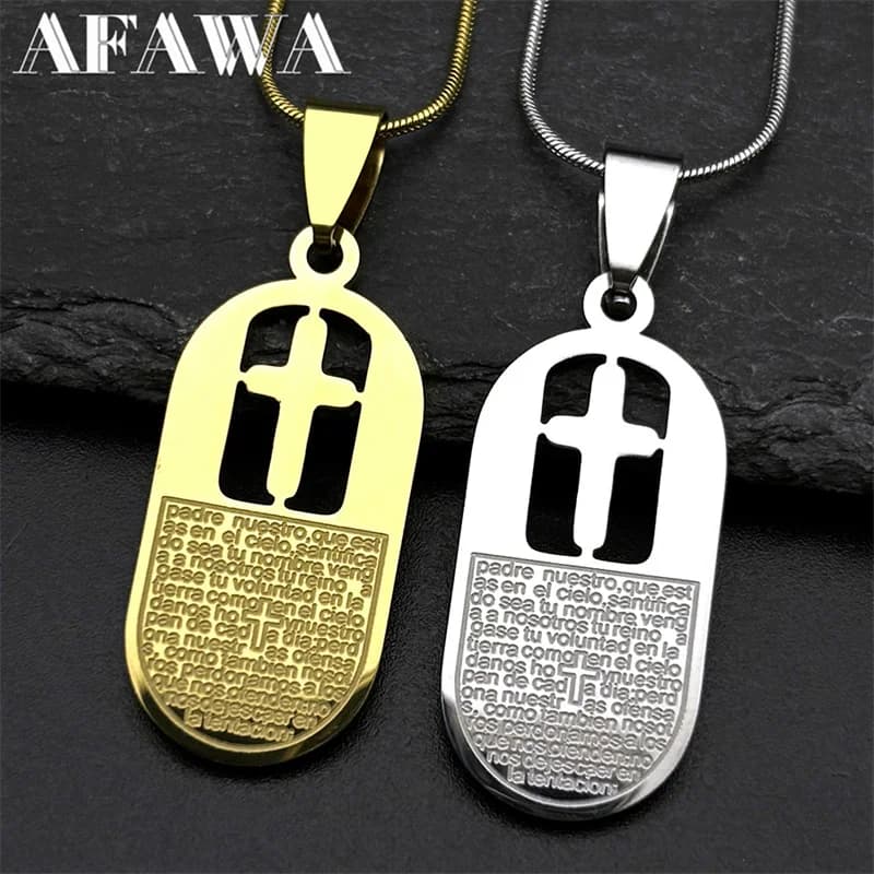 Christian Bible Lords Prayer Cross Pendant Necklace for Women Men Stainless Steel Spanish Necklaces Religious Amulet Jewelry