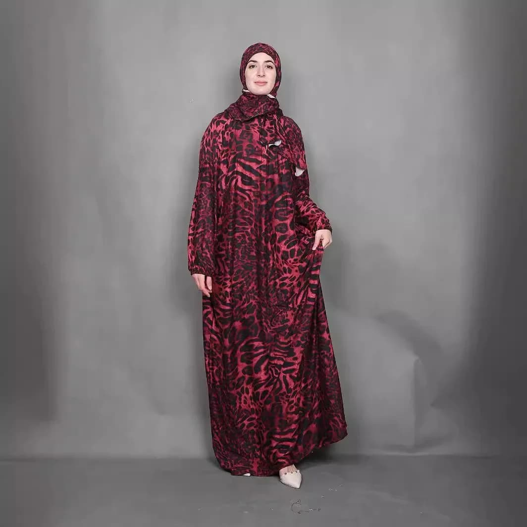 Women's Muslim Prayer Dress with Leoped Print Jalabiya Moroccan Caftano Eid Ramadan Arabic Dress Long Scarf One Piece Dresses