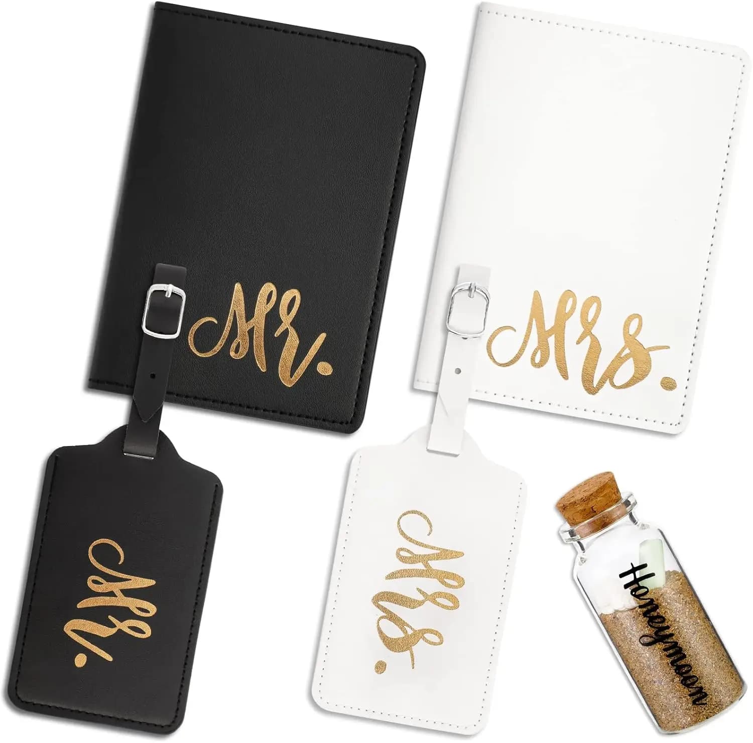Set da 5 Pezzi Porta Passaporto Mr e Mrs, Etichetta Bagaglio, Set Luna di Miele, Regalo di San Valentino e Matrimonio per Coppie, Accessori da Viaggio