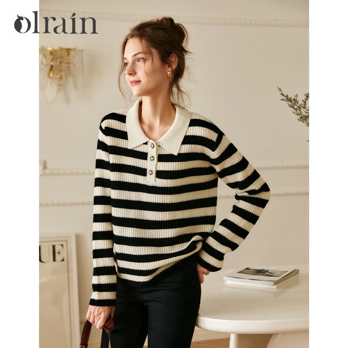 Maglione Pullover da Donna OLrain con Collo a Polo, Autunno 2026, Maglia Lavorata a Maglia con Bottoni e Maniche Lunghe, Stile Casual, Abbigliamento Femminile O21DM59621